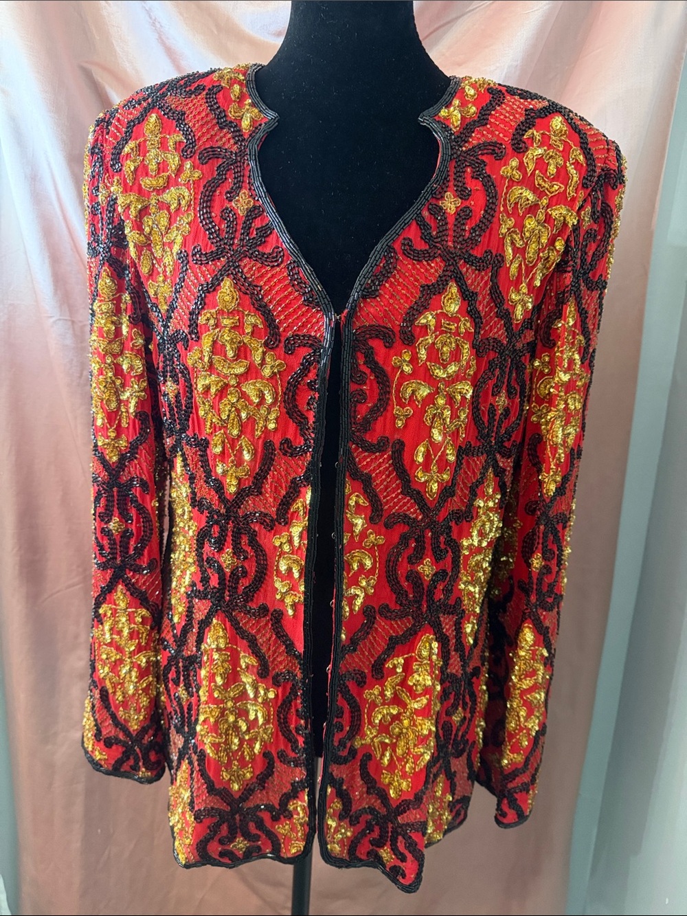 Vintage Women's Red Sequin Blazer with Gold & Black Embellishment